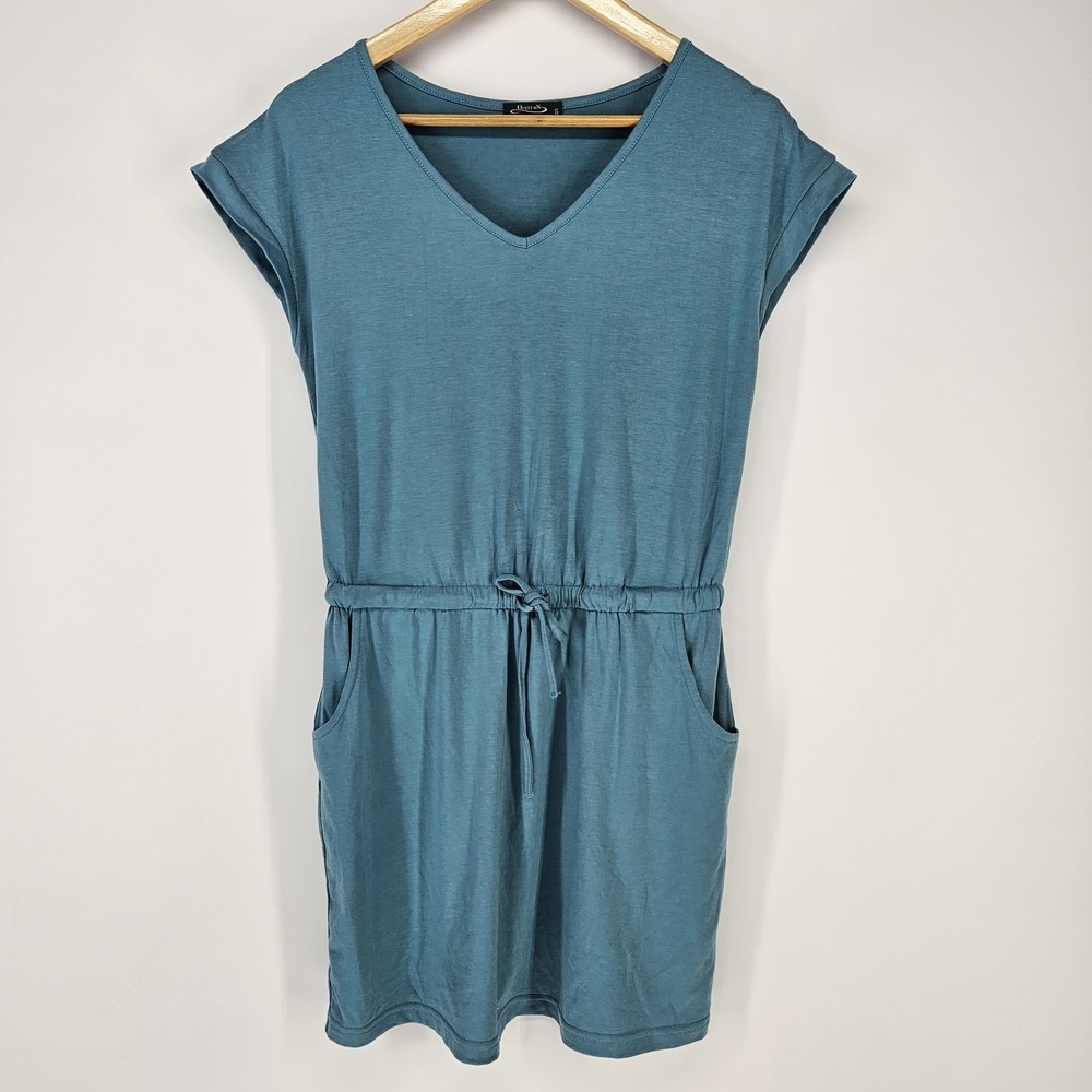 Ofeefan T-Shirt‎ Dress Small Teal Blue Drawstring V-Neck Casual Summer Pocket